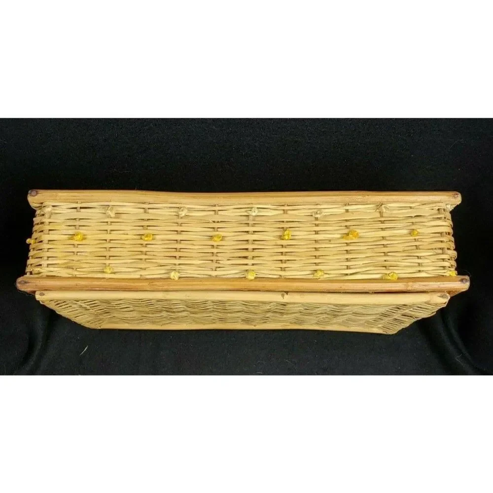 Boho Vintage 70s Wicker Rattan Wood Tissue Holder Box Flowers Cottagecore Decor
